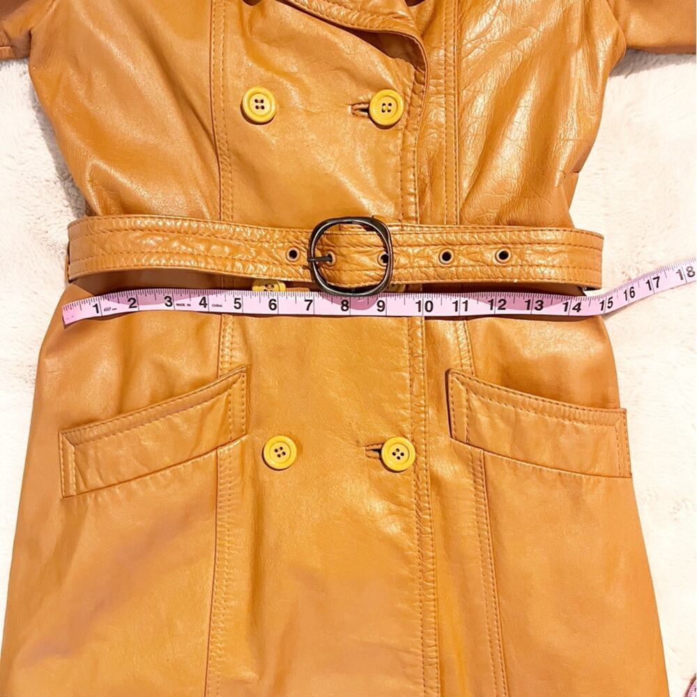 VINTAGE 1970s Jet Set of California Tan Cowhide Leather Trench Coat Belted - Picture 15 of 16